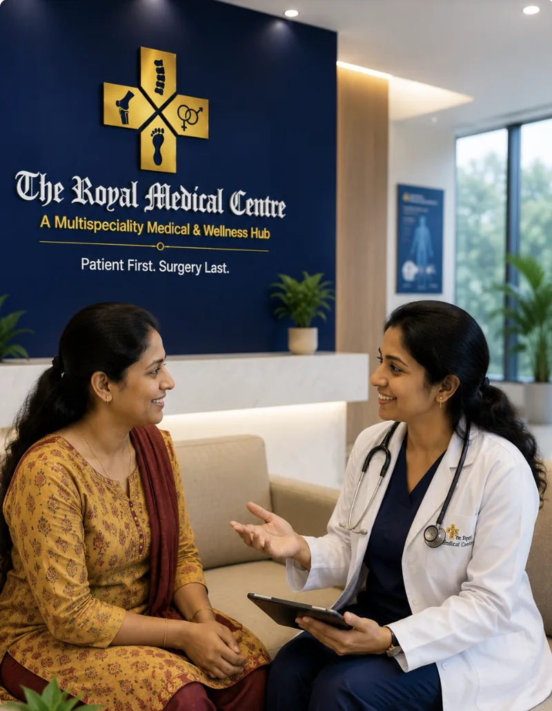 A doctor in a white coat consulting with a patient in the reception area of The Royal Medical Centre