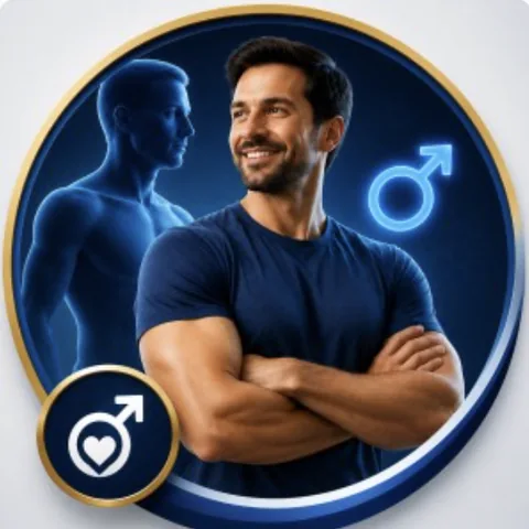 A smiling man with arms crossed beside a men's health symbol