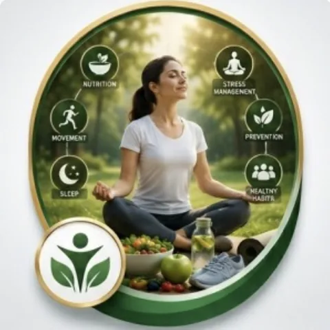 A woman meditating outdoors surrounded by nutrition, sleep and movement icons