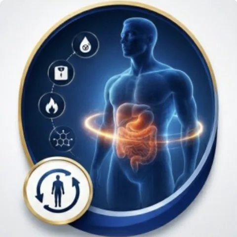 Illustration of the human digestive system with metabolic health icons