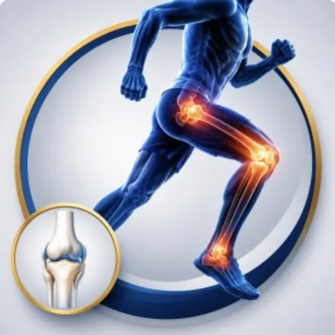 Illustration of a running figure with hip and knee joints highlighted