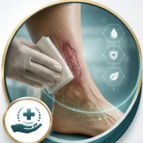 A gloved hand dressing a chronic foot wound